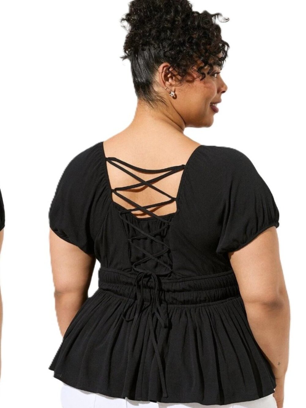 Whimsigoth Torrid Crinkle Gauze Criss Cross Back Top 00 M/L 10 Black Peplum